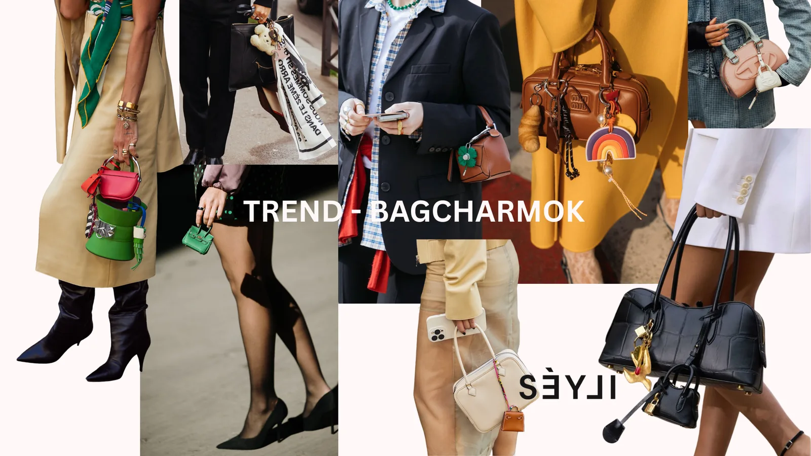 Bagcharm trend: táskák és charmok kollázsa